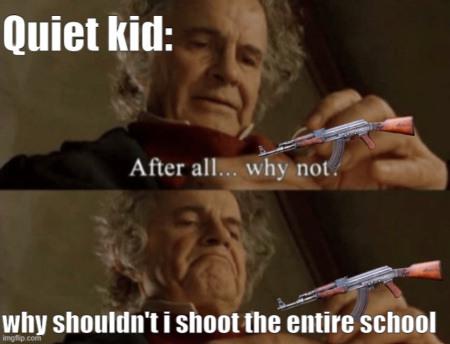 Quiet kids POV: | Quiet kid:; why shouldn't i shoot the entire school | image tagged in after all why not | made w/ Imgflip meme maker