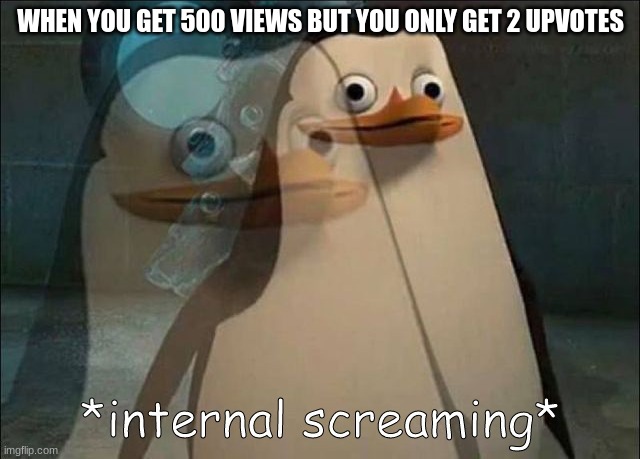 Private Internal Screaming | WHEN YOU GET 500 VIEWS BUT YOU ONLY GET 2 UPVOTES | image tagged in private internal screaming | made w/ Imgflip meme maker