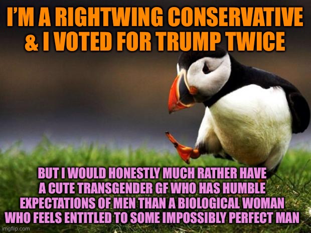 Unpopular Opinion Puffin | I’M A RIGHTWING CONSERVATIVE & I VOTED FOR TRUMP TWICE; BUT I WOULD HONESTLY MUCH RATHER HAVE A CUTE TRANSGENDER GF WHO HAS HUMBLE EXPECTATIONS OF MEN THAN A BIOLOGICAL WOMAN WHO FEELS ENTITLED TO SOME IMPOSSIBLY PERFECT MAN | image tagged in memes,unpopular opinion puffin,conservative,transgender,girlfriend,dating | made w/ Imgflip meme maker