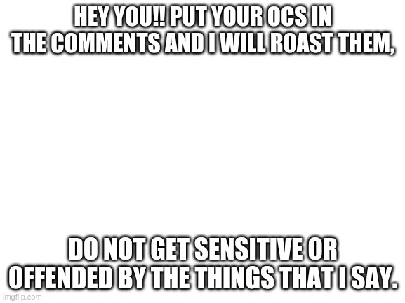 credit to meme bro for this wonderful idea. | HEY YOU!! PUT YOUR OCS IN THE COMMENTS AND I WILL ROAST THEM, DO NOT GET SENSITIVE OR OFFENDED BY THE THINGS THAT I SAY. | image tagged in blank white template | made w/ Imgflip meme maker