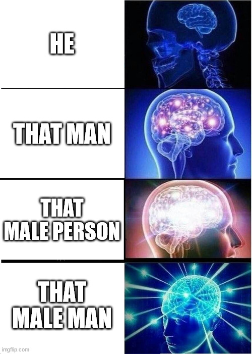 Pronouns becoming a bunch of words | HE; THAT MAN; THAT MALE PERSON; THAT MALE MAN | image tagged in memes,expanding brain | made w/ Imgflip meme maker