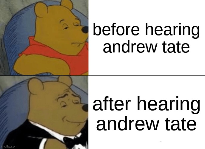 Tuxedo Winnie The Pooh | before hearing andrew tate; after hearing andrew tate | image tagged in memes,tuxedo winnie the pooh | made w/ Imgflip meme maker