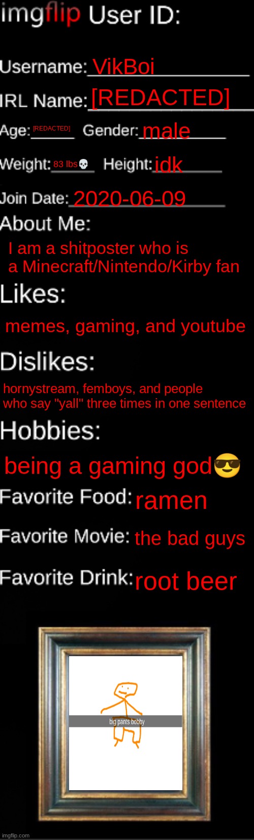 me | VikBoi; [REDACTED]; [REDACTED]; male; 83 lbs💀; idk; 2020-06-09; I am a shitposter who is a Minecraft/Nintendo/Kirby fan; memes, gaming, and youtube; hornystream, femboys, and people who say "yall" three times in one sentence; being a gaming god😎; ramen; the bad guys; root beer | image tagged in imgflip id card | made w/ Imgflip meme maker