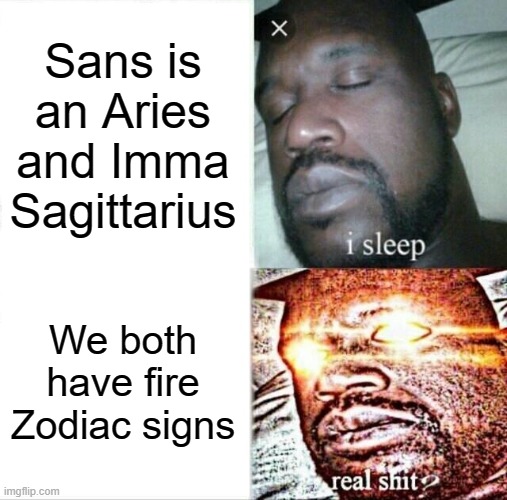 Imma stand in the mirror tryin' to do magic for an hour or so | Sans is an Aries
and Imma
Sagittarius; We both have fire Zodiac signs | image tagged in memes,sleeping shaq,sans | made w/ Imgflip meme maker