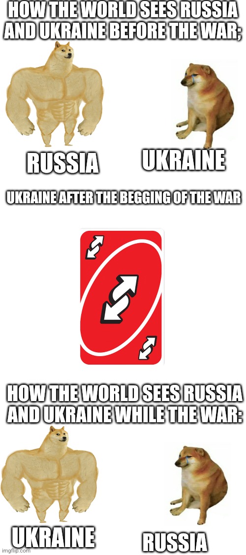 My dad asked me to do 2 Russia vs Ukraine meme, this is the second one | HOW THE WORLD SEES RUSSIA AND UKRAINE BEFORE THE WAR;; UKRAINE; RUSSIA; UKRAINE AFTER THE BEGGING OF THE WAR; HOW THE WORLD SEES RUSSIA AND UKRAINE WHILE THE WAR:; UKRAINE; RUSSIA | image tagged in blank white template | made w/ Imgflip meme maker