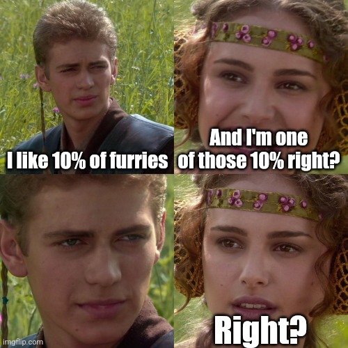 Me and corruptick lore | I like 10% of furries; And I'm one of those 10% right? Right? | image tagged in anakin padme 4 panel | made w/ Imgflip meme maker