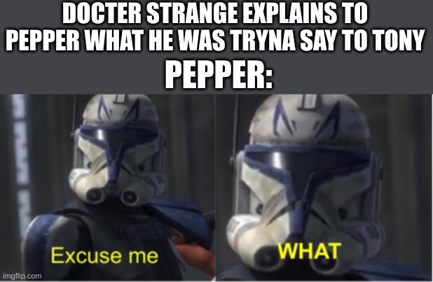 Excuse me what | DOCTER STRANGE EXPLAINS TO PEPPER WHAT HE WAS TRYNA SAY TO TONY PEPPER: | image tagged in excuse me what | made w/ Imgflip meme maker