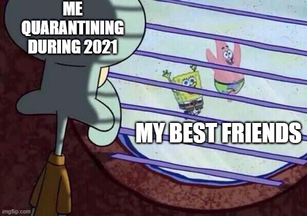 Quarantine | ME QUARANTINING DURING 2021; MY BEST FRIENDS | image tagged in squidward window | made w/ Imgflip meme maker