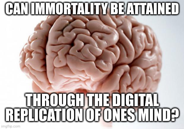 Or any other duplication for that matter | CAN IMMORTALITY BE ATTAINED; THROUGH THE DIGITAL REPLICATION OF ONES MIND? | image tagged in immortality | made w/ Imgflip meme maker
