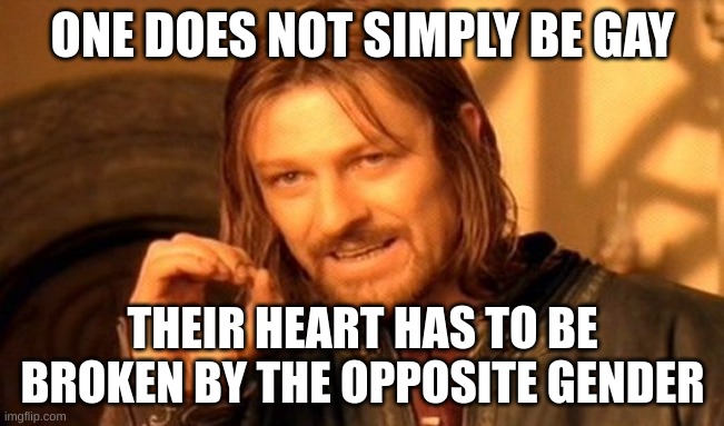 One Does Not Simply | ONE DOES NOT SIMPLY BE GAY; THEIR HEART HAS TO BE BROKEN BY THE OPPOSITE GENDER | image tagged in memes,one does not simply | made w/ Imgflip meme maker