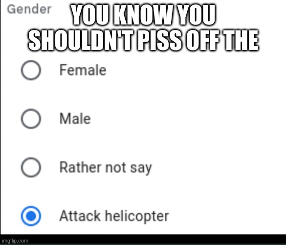 Attack helicopter meme #2 |  YOU KNOW YOU SHOULDN'T PISS OFF THE | image tagged in attack helicopter | made w/ Imgflip meme maker