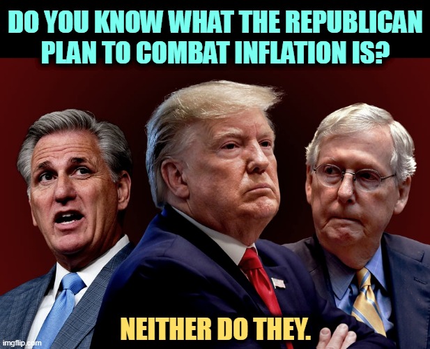 Loud but clueless. | DO YOU KNOW WHAT THE REPUBLICAN PLAN TO COMBAT INFLATION IS? NEITHER DO THEY. | image tagged in mccarthy trump mcconnell evil bad for america,donald trump,kevin mccarthy,mitch mcconnell,inflation,clueless | made w/ Imgflip meme maker