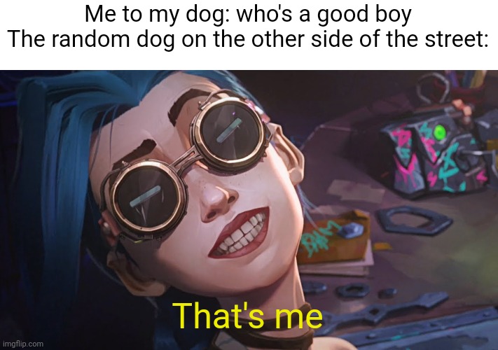 Arcane meme cause no one makes them | Me to my dog: who's a good boy
The random dog on the other side of the street:; That's me | image tagged in that s me | made w/ Imgflip meme maker