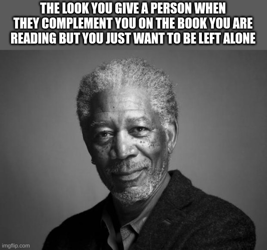 Morgan Freeman | THE LOOK YOU GIVE A PERSON WHEN THEY COMPLEMENT YOU ON THE BOOK YOU ARE READING BUT YOU JUST WANT TO BE LEFT ALONE | image tagged in morgan freeman | made w/ Imgflip meme maker