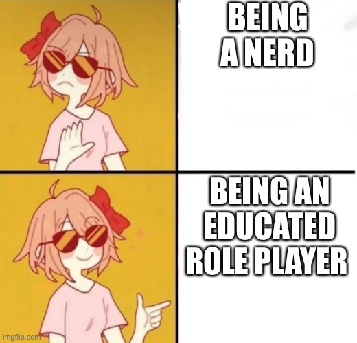 LGBTQ+ version of Drake meme | BEING A NERD; BEING AN EDUCATED ROLE PLAYER | image tagged in lgbtq version of drake meme | made w/ Imgflip meme maker