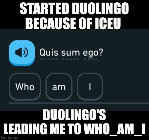 Now Duolingo will kill me for leaking Latin stuff | STARTED DUOLINGO BECAUSE OF ICEU; DUOLINGO'S LEADING ME TO WHO_AM_I | made w/ Imgflip meme maker