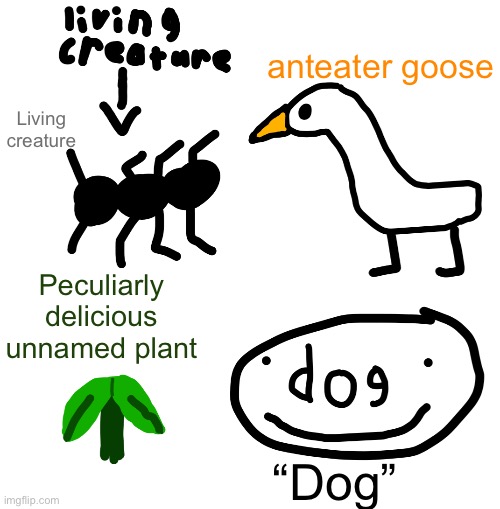 Weird little character creature things i made in science class | anteater goose; Living creature; Peculiarly delicious unnamed plant; “Dog” | made w/ Imgflip meme maker