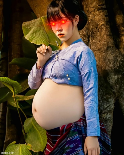 she stares into your soul | image tagged in death stare,pregnant,asian,red eyes | made w/ Imgflip meme maker