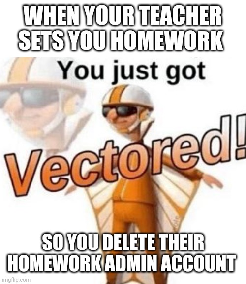 You just got vectored | WHEN YOUR TEACHER SETS YOU HOMEWORK; SO YOU DELETE THEIR HOMEWORK ADMIN ACCOUNT | image tagged in you just got vectored | made w/ Imgflip meme maker