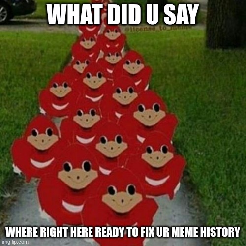 Ugandan knuckles army | WHAT DID U SAY WHERE RIGHT HERE READY TO FIX UR MEME HISTORY | image tagged in ugandan knuckles army | made w/ Imgflip meme maker