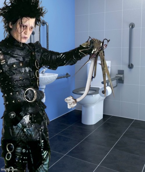 image tagged in edward scissorhands,toilet paper wand,toilet paper,toilet,bathroom,johnny depp | made w/ Imgflip meme maker