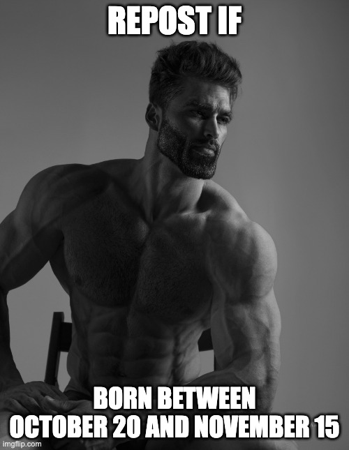 Giga Chad | REPOST IF; BORN BETWEEN OCTOBER 20 AND NOVEMBER 15 | image tagged in giga chad | made w/ Imgflip meme maker