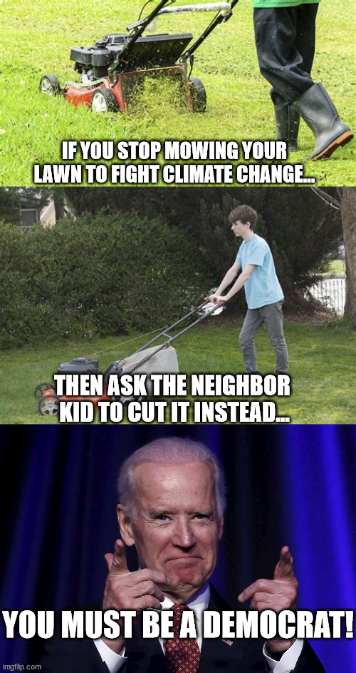 IF YOU STOP MOWING YOUR LAWN TO FIGHT CLIMATE CHANGE... THEN ASK THE NEIGHBOR 
KID TO CUT IT INSTEAD... YOU MUST BE A DEMOCRAT! | image tagged in joe biden,climate change,idiocracy | made w/ Imgflip meme maker