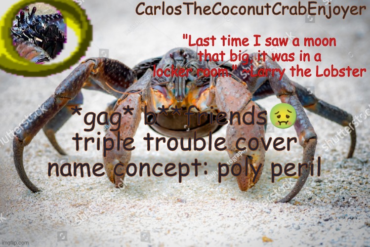 coco for coconut crabs | *gag* b**friends🤢 triple trouble cover name concept: poly peril | image tagged in coco for coconut crabs | made w/ Imgflip meme maker