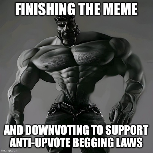 Giga chad | FINISHING THE MEME AND DOWNVOTING TO SUPPORT ANTI-UPVOTE BEGGING LAWS | image tagged in giga chad | made w/ Imgflip meme maker