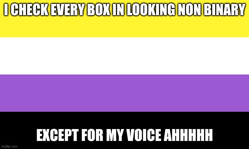 Nonbinary | I CHECK EVERY BOX IN LOOKING NON BINARY; EXCEPT FOR MY VOICE AHHHHH | image tagged in nonbinary | made w/ Imgflip meme maker