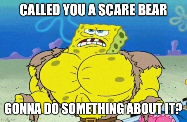 Buff Spongebob | CALLED YOU A SCARE BEAR GONNA DO SOMETHING ABOUT IT? | image tagged in buff spongebob | made w/ Imgflip meme maker