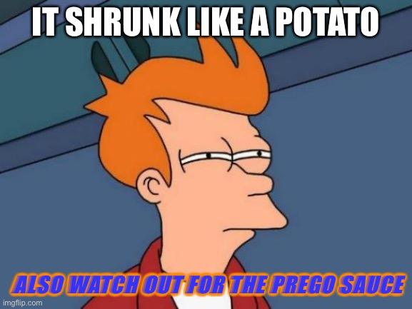 IT SHRUNK LIKE A POTATO ALSO WATCH OUT FOR THE PREGO SAUCE | image tagged in memes,futurama fry | made w/ Imgflip meme maker