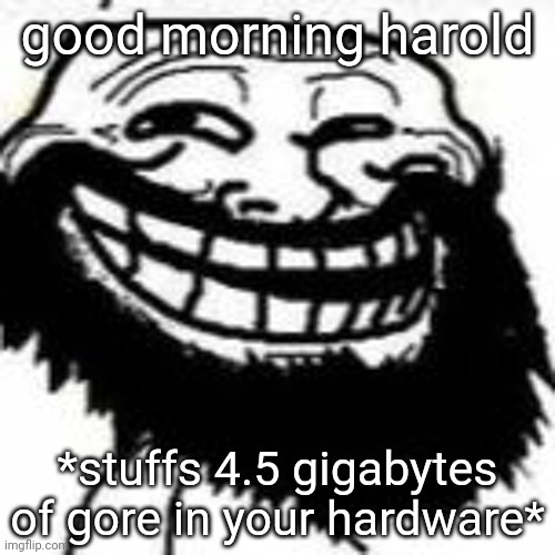 Bearded Trollface | good morning harold; *stuffs 4.5 gigabytes of gore in your hardware* | image tagged in mr hazzam | made w/ Imgflip meme maker