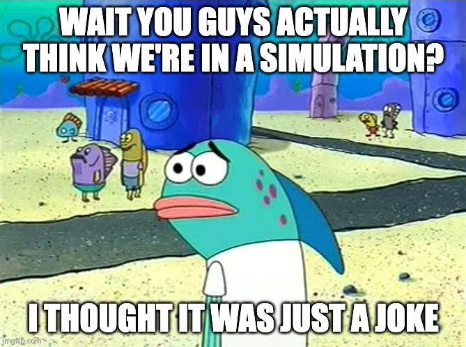 Do people actually believe this? | WAIT YOU GUYS ACTUALLY THINK WE'RE IN A SIMULATION? I THOUGHT IT WAS JUST A JOKE | image tagged in spongebob i thought it was a joke,spongebob,simulation,the matrix,conspiracy theory | made w/ Imgflip meme maker