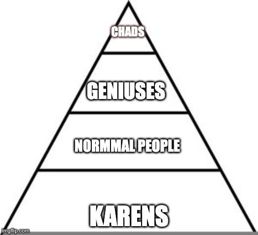 new person status | CHADS; GENIUSES; NORMMAL PEOPLE; KARENS | image tagged in food pyramid | made w/ Imgflip meme maker