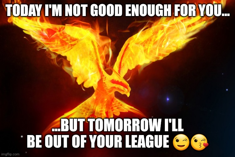 Phoenix | TODAY I'M NOT GOOD ENOUGH FOR YOU... ...BUT TOMORROW I'LL BE OUT OF YOUR LEAGUE 😉😘 | image tagged in phoenix | made w/ Imgflip meme maker