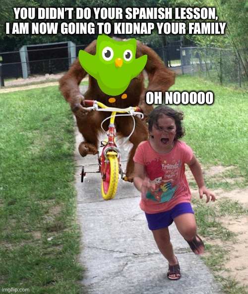 I forgot to do my Spanish Lesson | YOU DIDN’T DO YOUR SPANISH LESSON, I AM NOW GOING TO KIDNAP YOUR FAMILY; OH NOOOOO | image tagged in orangutan chasing girl on a tricycle,memes,duolingo,duolingo bird,funny,stop reading the tags | made w/ Imgflip meme maker