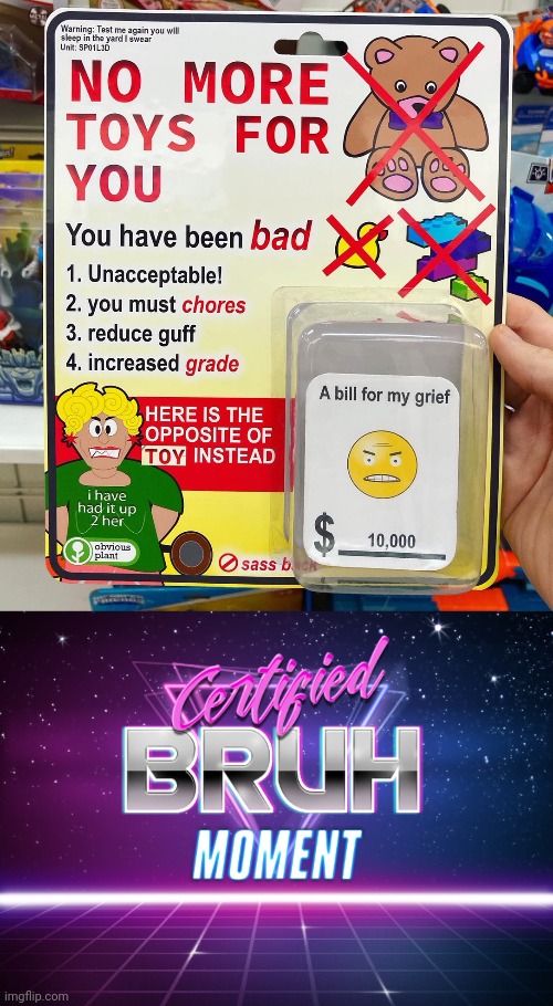 No more toys for you | image tagged in certified bruh moment,fake products,fake product,memes,meme,bruh | made w/ Imgflip meme maker