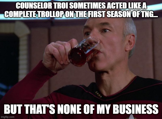 Counselor Whore | COUNSELOR TROI SOMETIMES ACTED LIKE A COMPLETE TROLLOP ON THE FIRST SEASON OF TNG... BUT THAT'S NONE OF MY BUSINESS | image tagged in picard tea | made w/ Imgflip meme maker