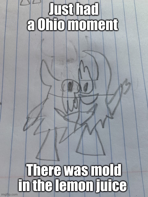 Small shadronia | Just had a Ohio moment; There was mold in the lemon juice | image tagged in small shadronia | made w/ Imgflip meme maker