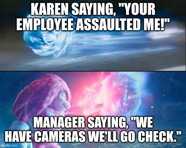 The ultimate uno reverse card | KAREN SAYING, "YOUR EMPLOYEE ASSAULTED ME!"; MANAGER SAYING, "WE HAVE CAMERAS WE'LL GO CHECK." | image tagged in sonic movie 2 meme,karen | made w/ Imgflip meme maker