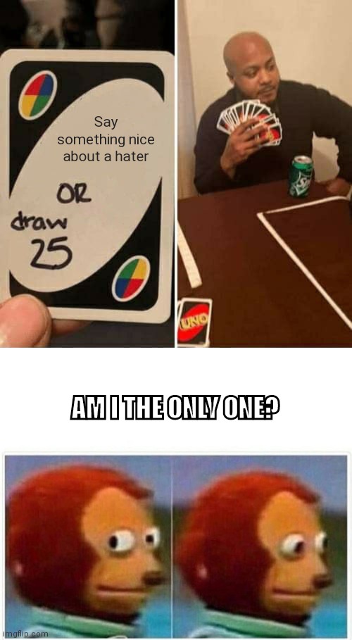 I'll never say something nice about a hater | Say something nice about a hater; AM I THE ONLY ONE? | image tagged in memes,uno draw 25 cards,monkey puppet | made w/ Imgflip meme maker