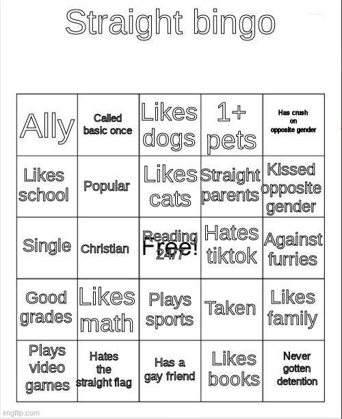 Blank Bingo | Straight bingo Ally Called basic once Likes dogs 1+ pets Has crush on opposite gender Likes school Popular Likes cats Straight parents Kisse | image tagged in blank bingo | made w/ Imgflip meme maker