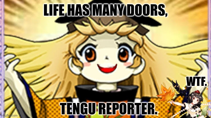 LIFE HAS MANY DOORS, WTF. TENGU REPORTER. | image tagged in memes,touhou,bird | made w/ Imgflip meme maker