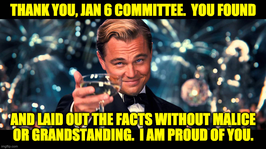 Servants of the people doing the job well. | THANK YOU, JAN 6 COMMITTEE.  YOU FOUND; AND LAID OUT THE FACTS WITHOUT MALICE
OR GRANDSTANDING.  I AM PROUD OF YOU. | image tagged in lionardo dicaprio thank you,memes,servants of the people | made w/ Imgflip meme maker