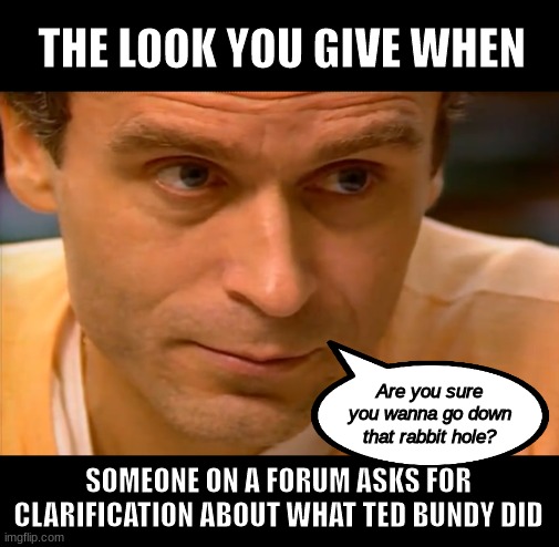 Just... Walk away with what basic knowledge you have of him, please.  For YOUR sake. | THE LOOK YOU GIVE WHEN; Are you sure you wanna go down that rabbit hole? SOMEONE ON A FORUM ASKS FOR CLARIFICATION ABOUT WHAT TED BUNDY DID | image tagged in ted bundy glare,ted bundy memes,ted bundy,ted bundy rabbit hole,what did ted bundy do,what happened to ted bundy's victims | made w/ Imgflip meme maker