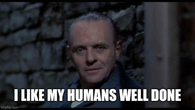 hannibal lecter silence of the lambs | I LIKE MY HUMANS WELL DONE | image tagged in hannibal lecter silence of the lambs | made w/ Imgflip meme maker