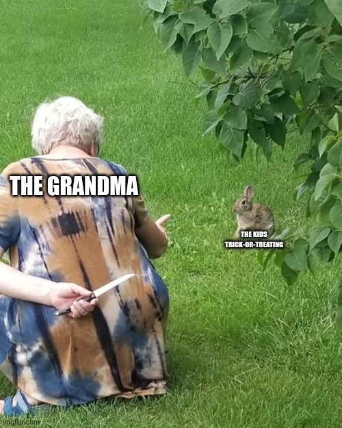 grandma hiding knife rabbit | THE GRANDMA THE KIDS TRICK-OR-TREATING | image tagged in grandma hiding knife rabbit | made w/ Imgflip meme maker