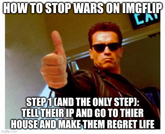 It always works | HOW TO STOP WARS ON IMGFLIP; STEP 1 (AND THE ONLY STEP): TELL THEIR IP AND GO TO THIER HOUSE AND MAKE THEM REGRET LIFE | image tagged in terminator thumbs up | made w/ Imgflip meme maker