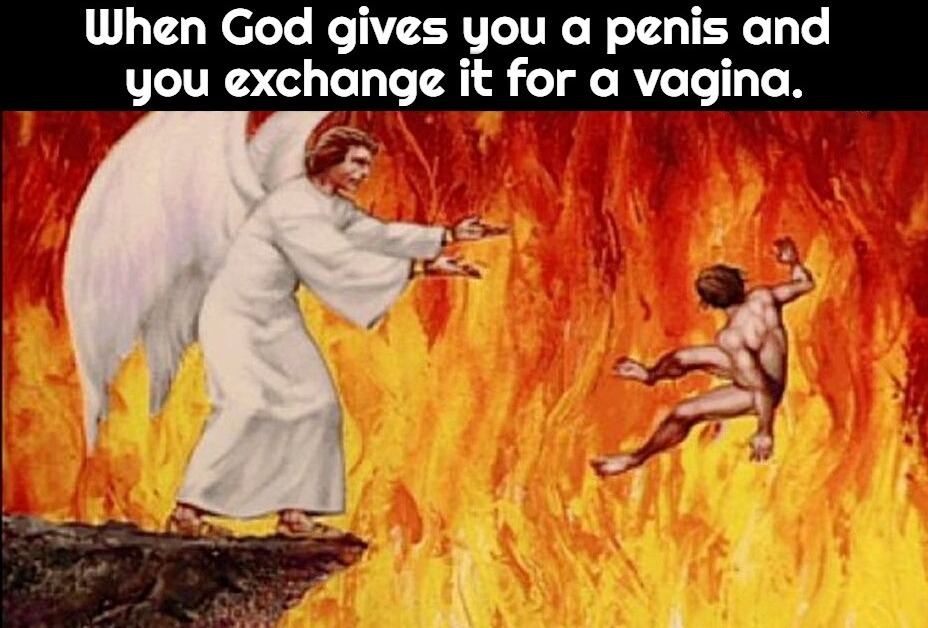 When God gives you a penis and you exchange it for a vagina. | image tagged in go to hell,atheists go to hell,extra-hell,what the hell happened here,the boiler room of hell,gay pride in hell | made w/ Imgflip meme maker